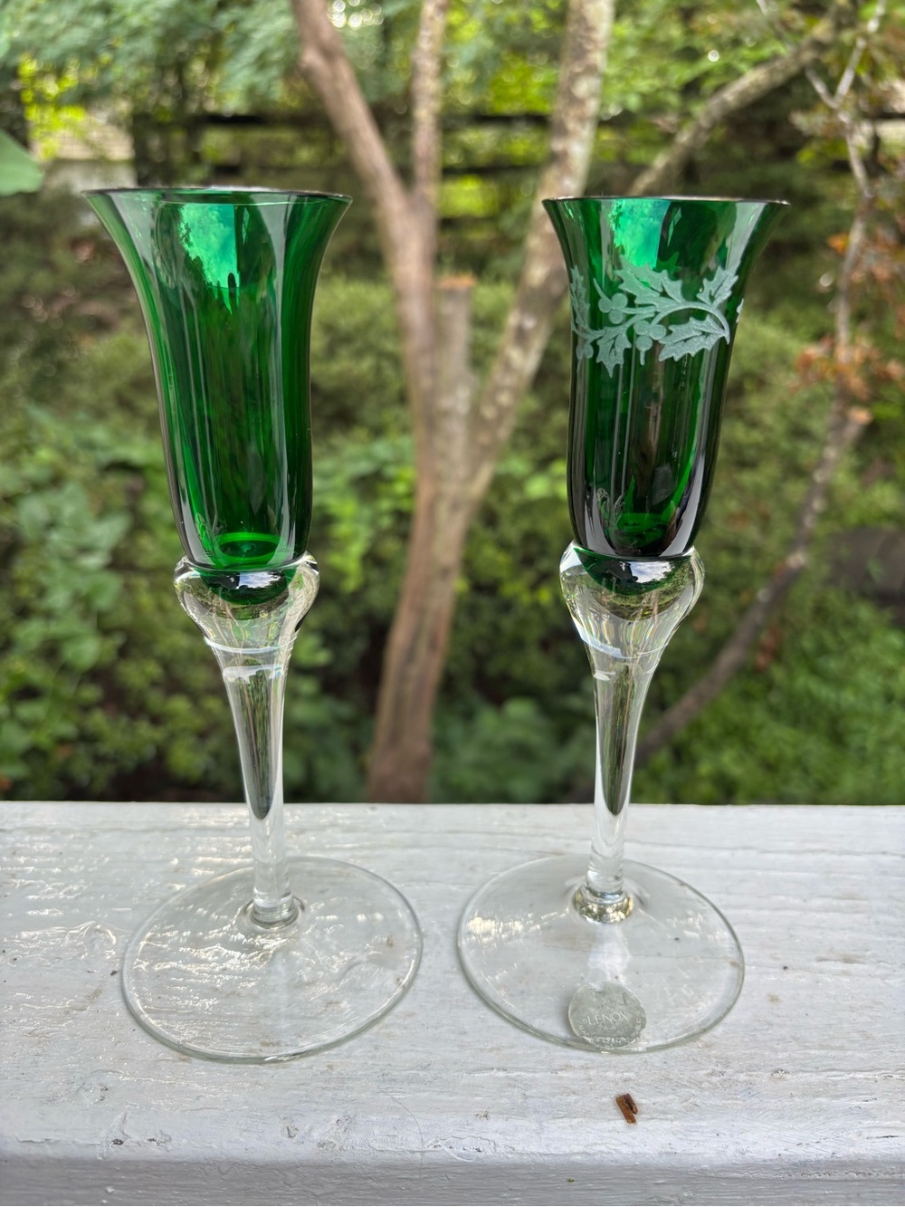 Lenox Emerald Green Etched Crystal Candle holders Set of 2